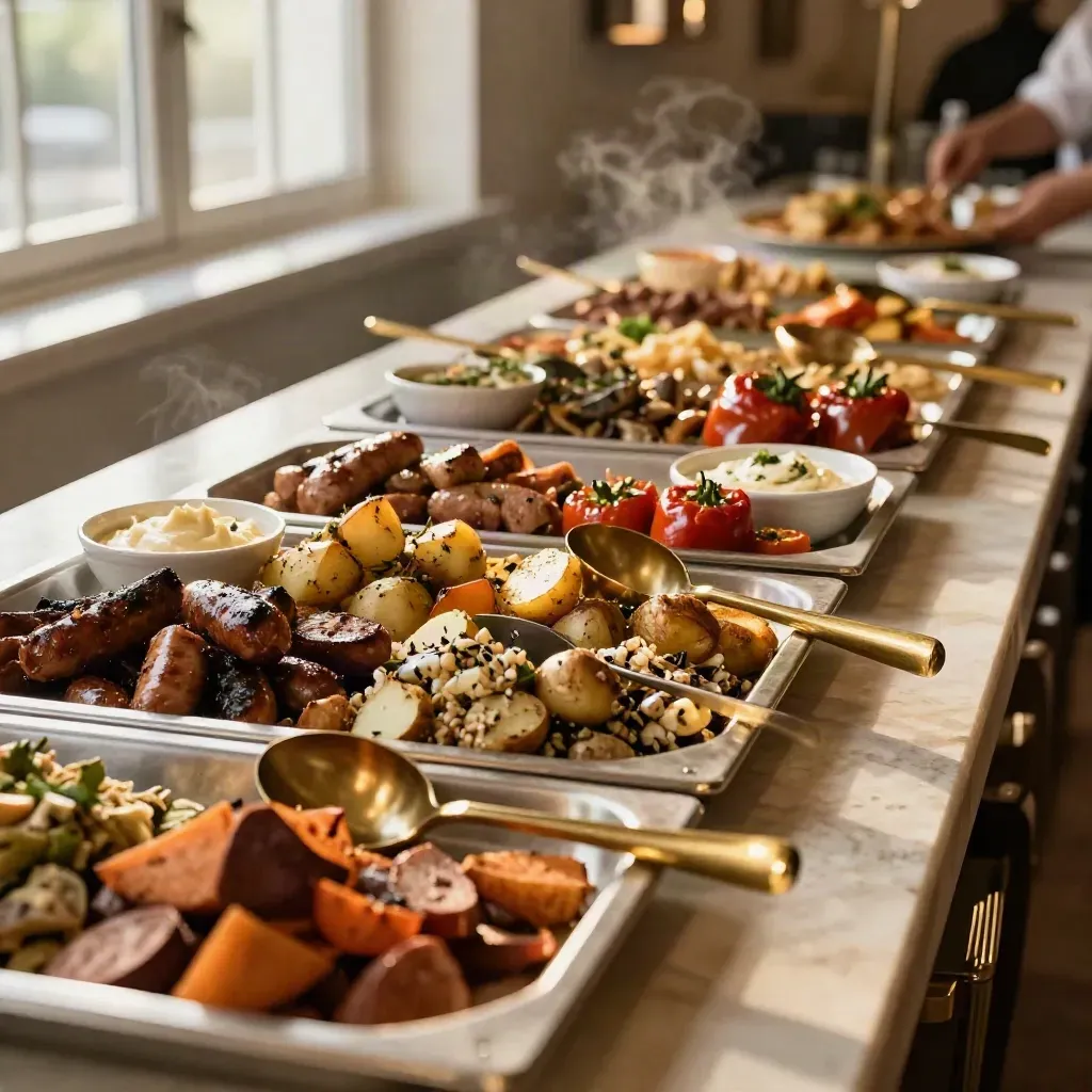 Overhead macro of a catering buffet with savoury trays, warm sides, spoons, and ceramic bowls on pale stone.
