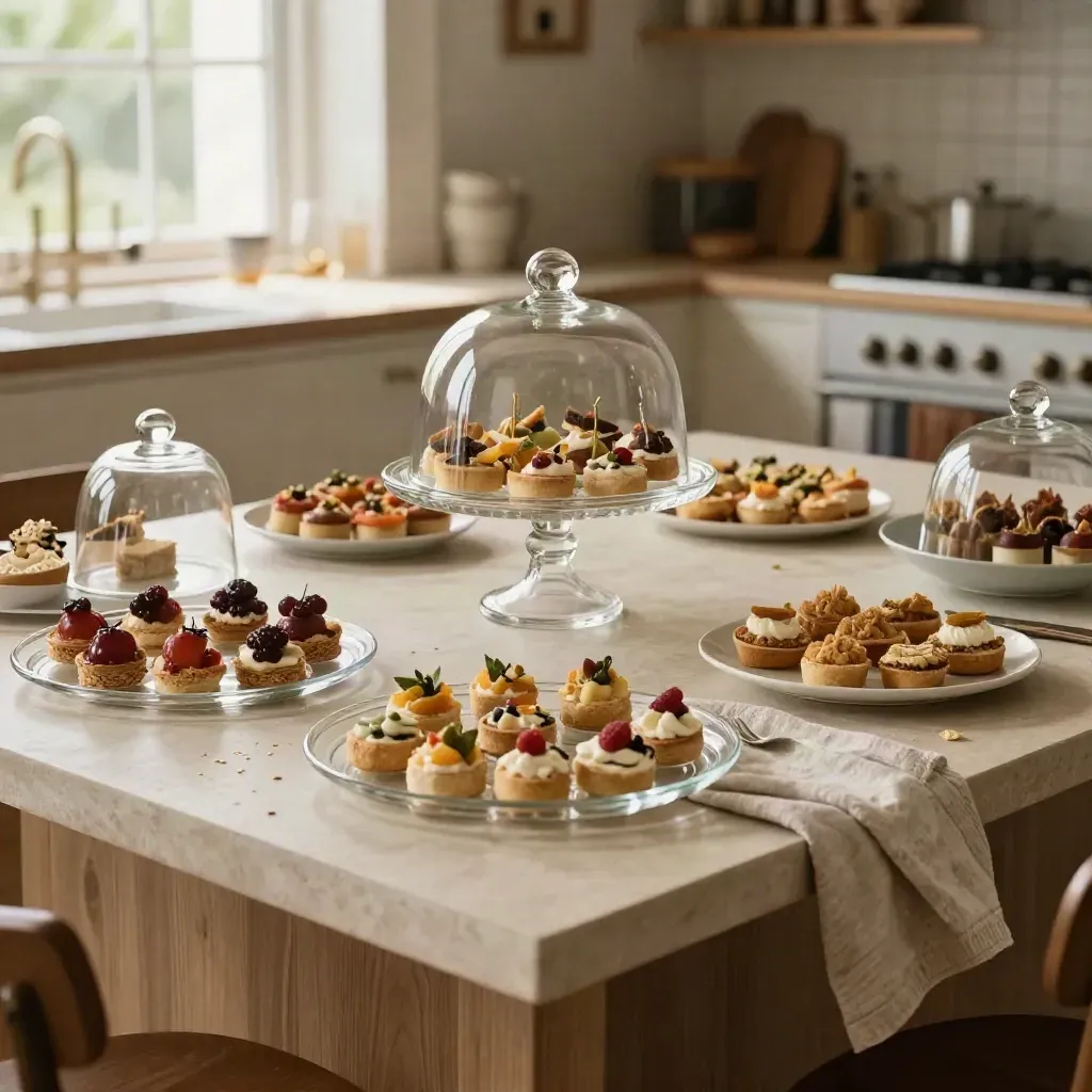 Grazing table on a kitchen island with cake stand, clear trays, canapés, and glass cloches.