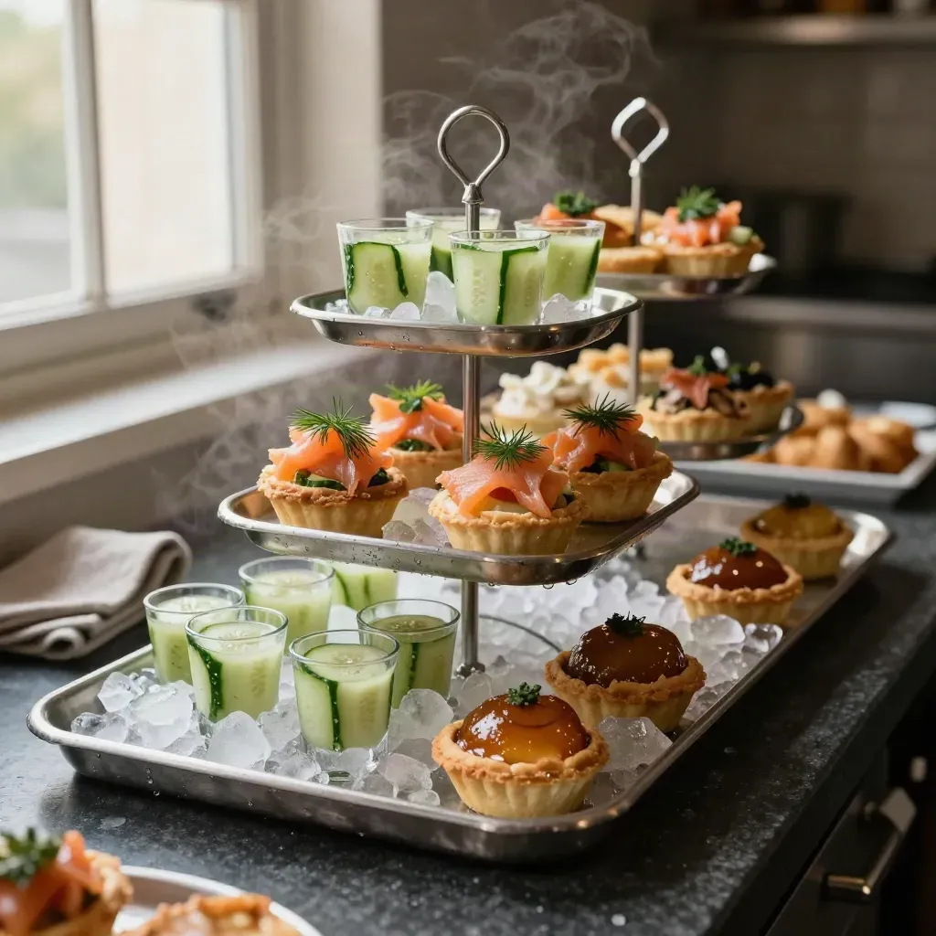 Tiered canape trays with cucumber cups, salmon blinis and warm tartlets on ice mist.