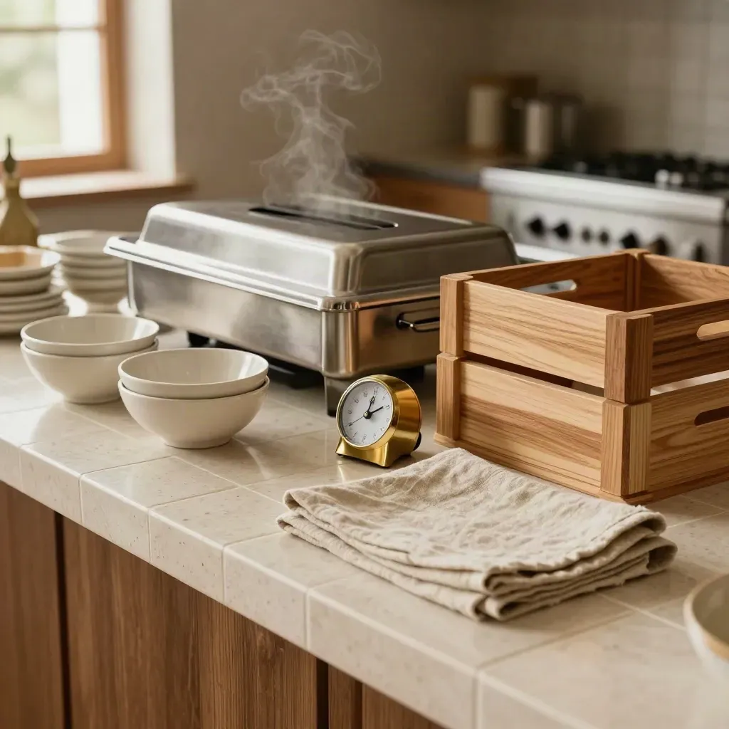 Catering prep counter with tasting bowls, chafing inserts, crates and a brass timer.