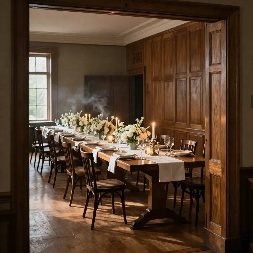 Oak-paneled wedding hall set for plated dinner with candlelit tables, glassware, and floral runners.