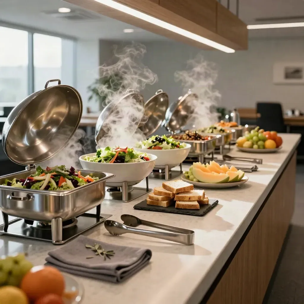 Office lunch counter with hot trays, salads, sandwiches, fruit platters and soft steam in warm light