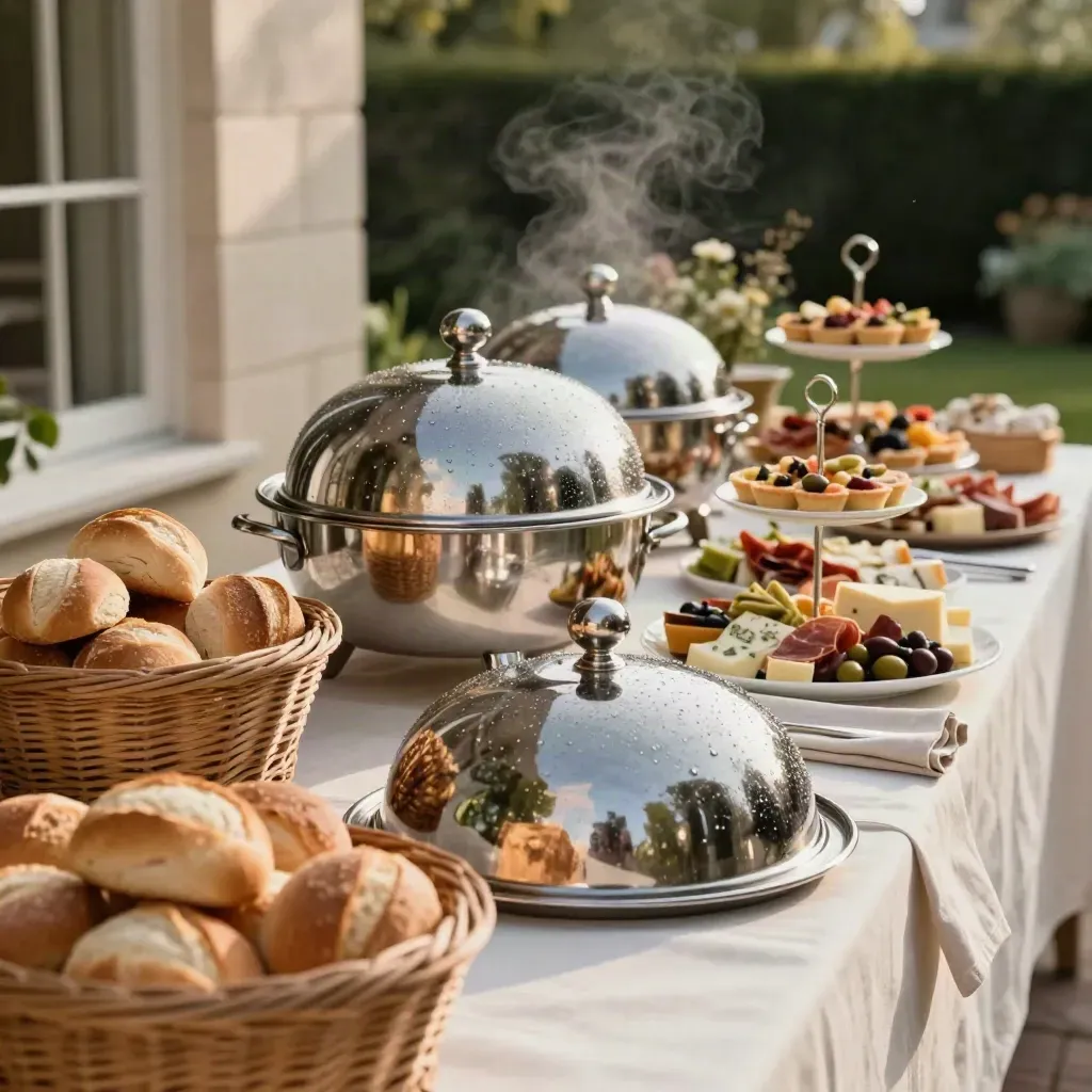 Garden buffet on cream linen with cloches, wicker baskets and dessert stands beside a stone terrace.