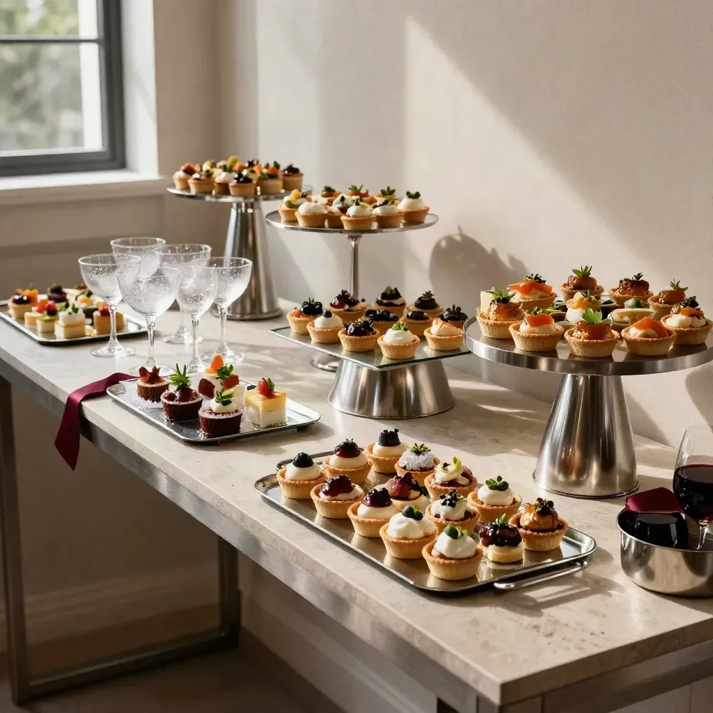 Mirrored canape trays, coupe glasses and ice platters on a reception side table, ready for guests.