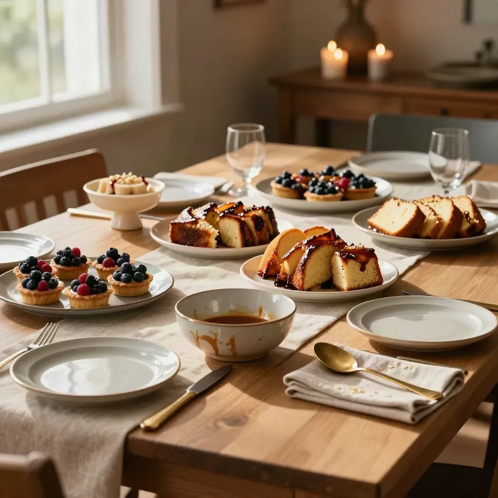 Birthday dessert table reset with cake stand, trays, bowls, napkins, and warm candlelight.