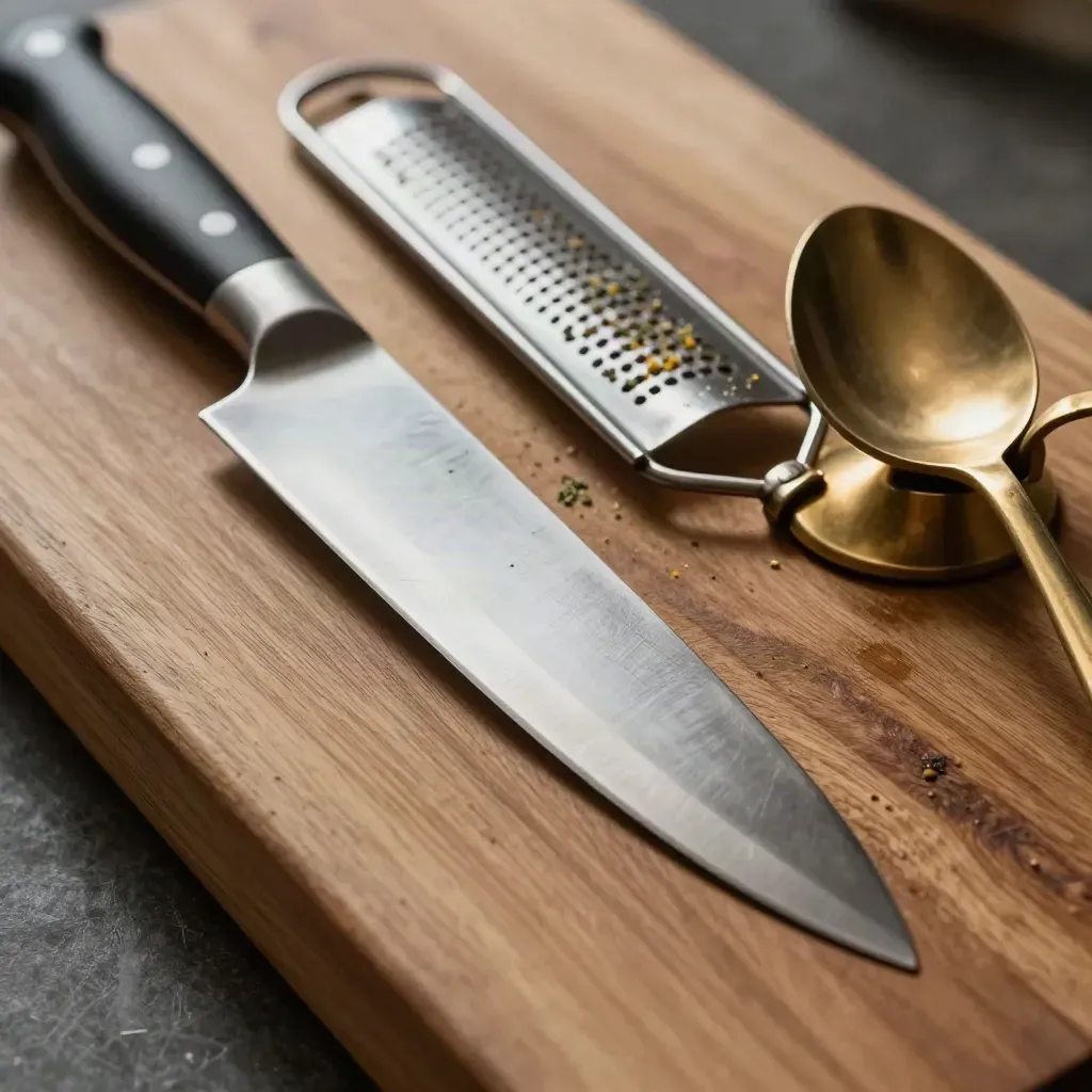 Macro of chef tools on an oak prep rail: knife, microplane, herb scissors and brass spoon rest.
