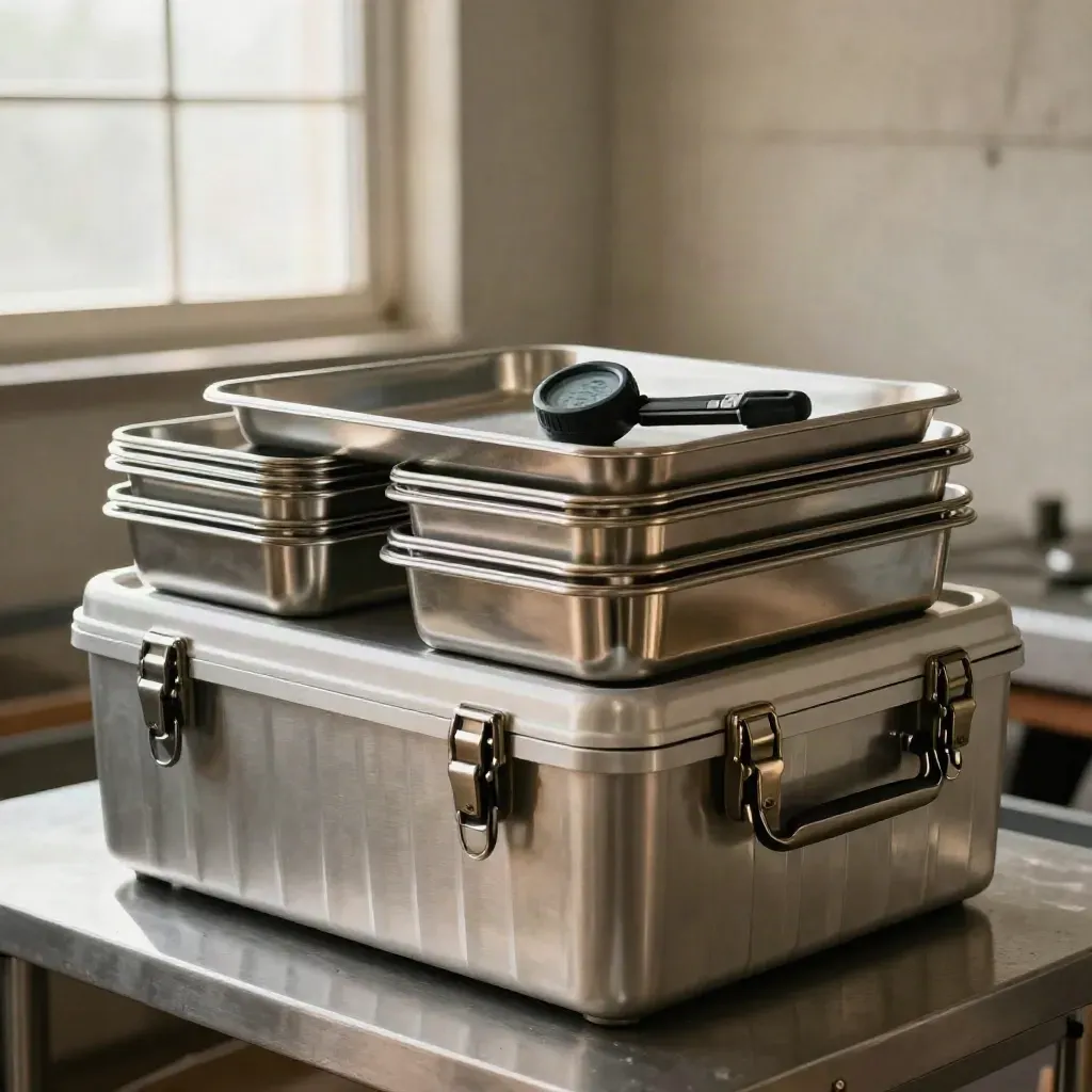 Insulated delivery crates, steel pans and a probe thermometer on a table in a dim warehouse bay