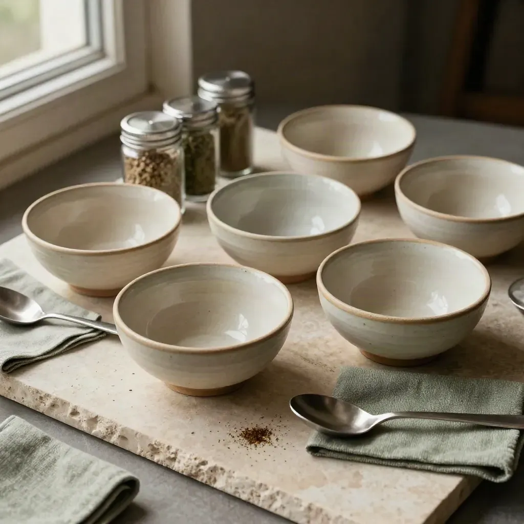 Ceramic tasting bowls, spice jars, spoons and linen swatches on pale stone.