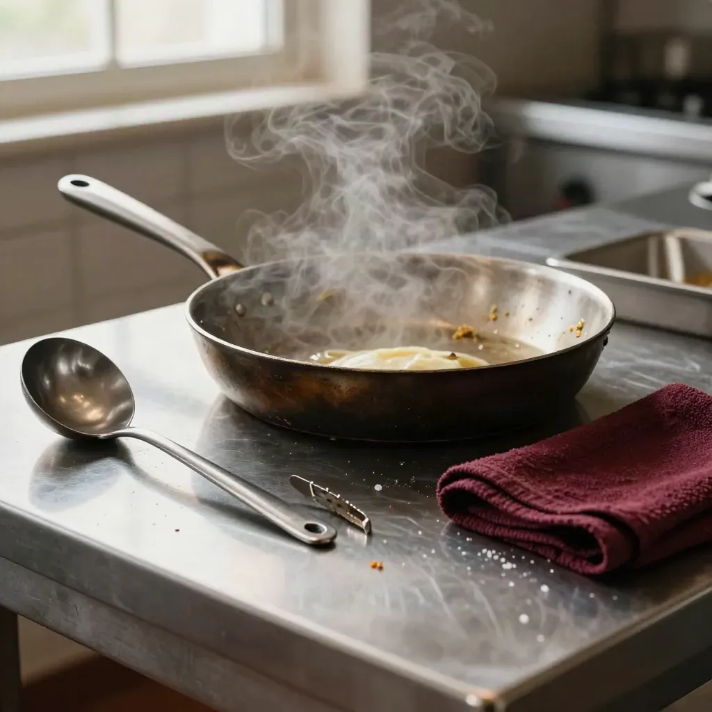 Chef tools resting on a steel worktop with steam and a burgundy towel.