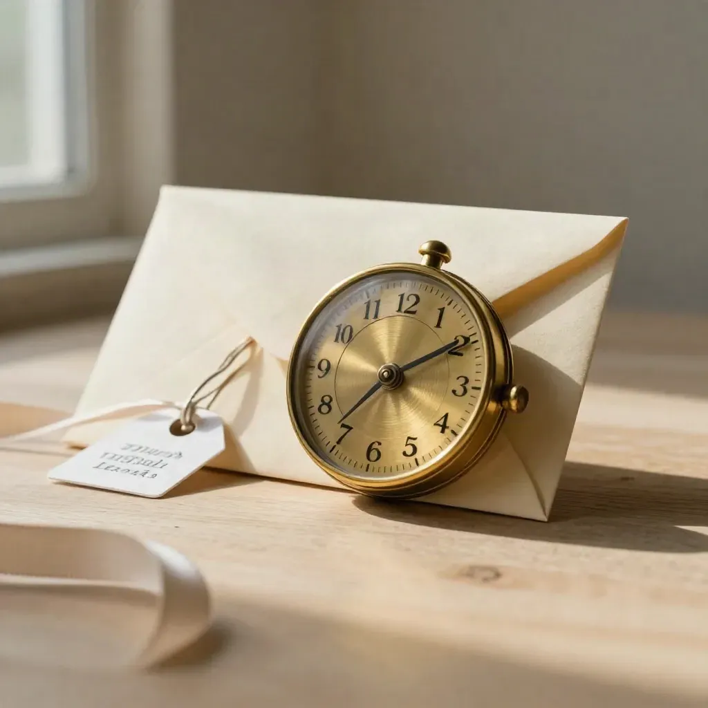 Brass date wheel, cream envelope and ribbon-tied venue tag on pale wood under soft side light.