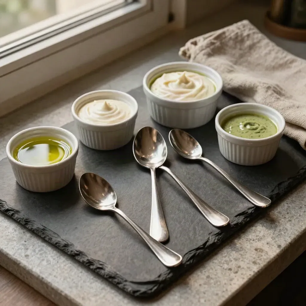 Three tasting spoons, herb ramekins, and a slate sample board on stone for menu selection.
