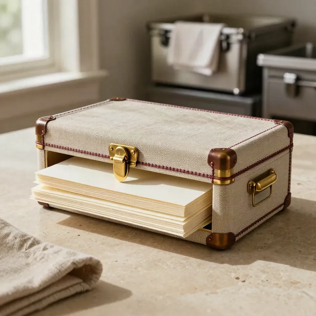 Catering sample case, brass clasp, note cards and transport latch on warm stone.