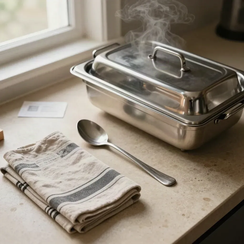 Open chafing dish with spoon, towels, transport pan and rising steam on a warm stone prep surface.