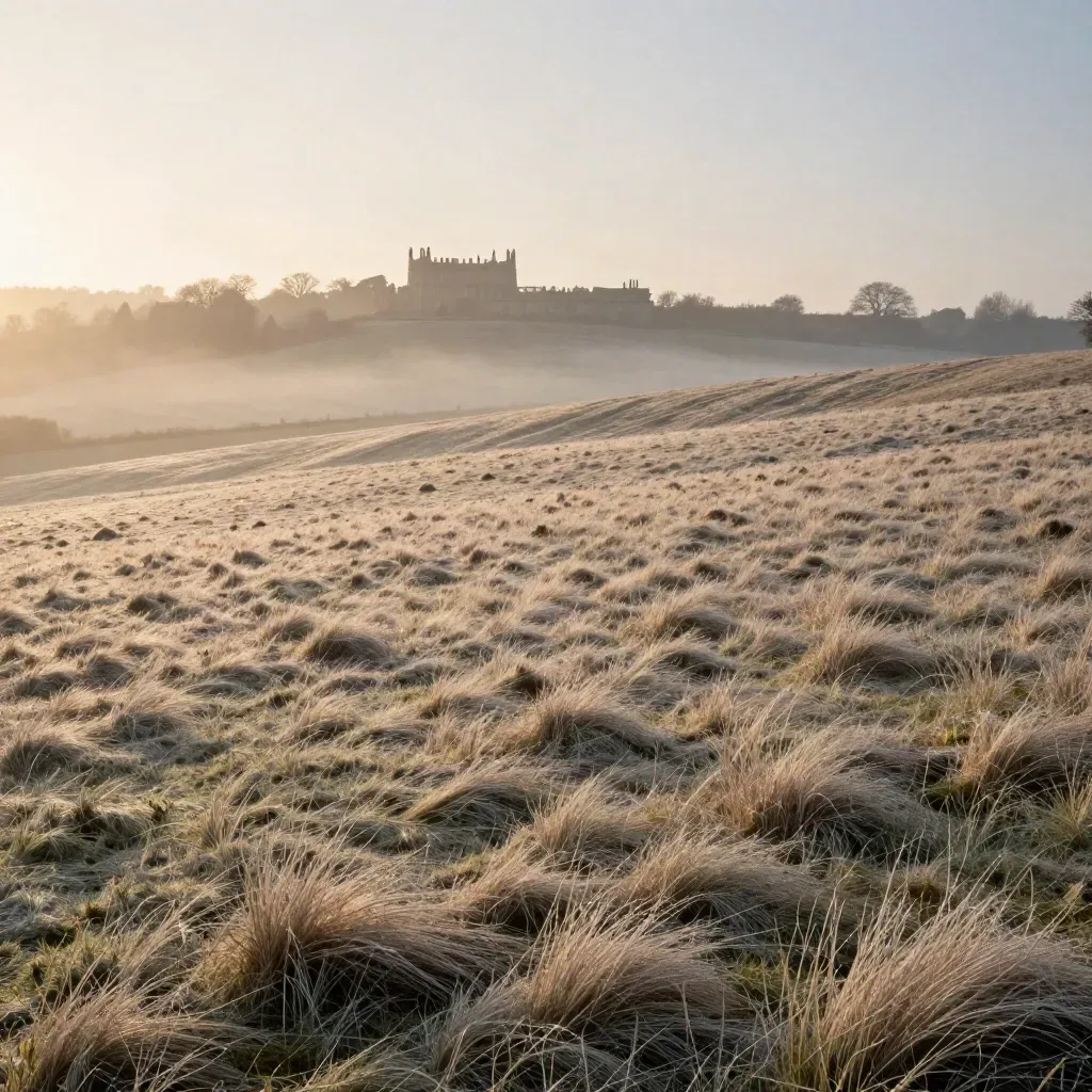 Misty Surrey Downs at dawn with a distant manor roofline above chalk grassland