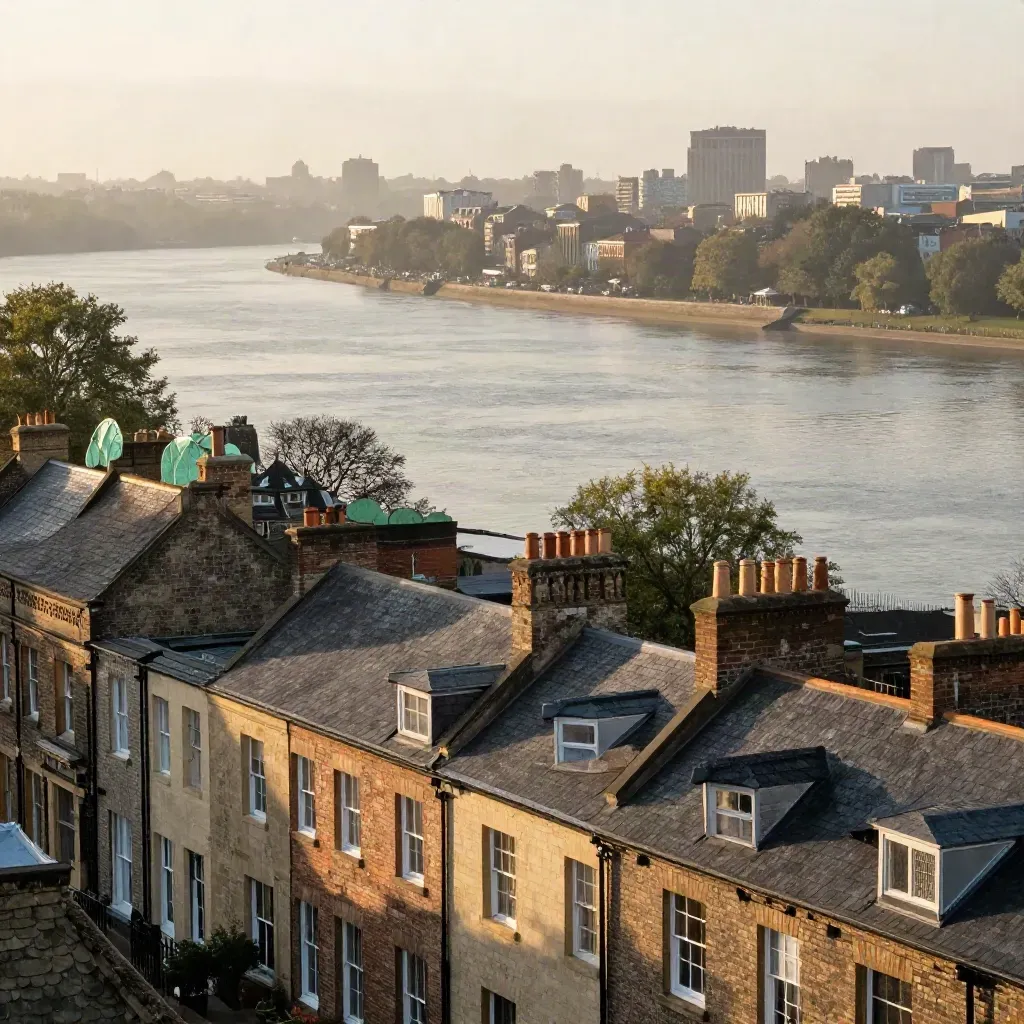 Hazy Richmond terraces and treetops above the Thames with calm water below.