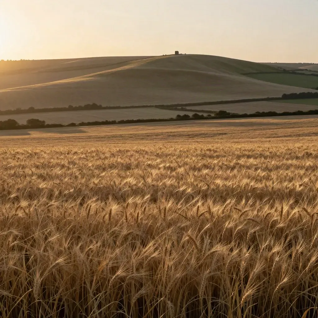 Golden Kent downs, oast-house silhouette and wheat fields glowing in soft sunset haze.