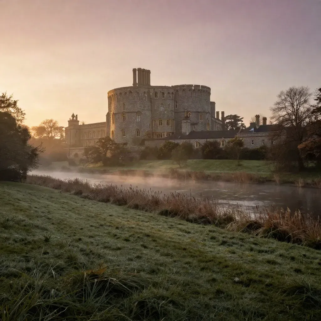 Windsor Castle above hazy Berkshire meadows at sunset