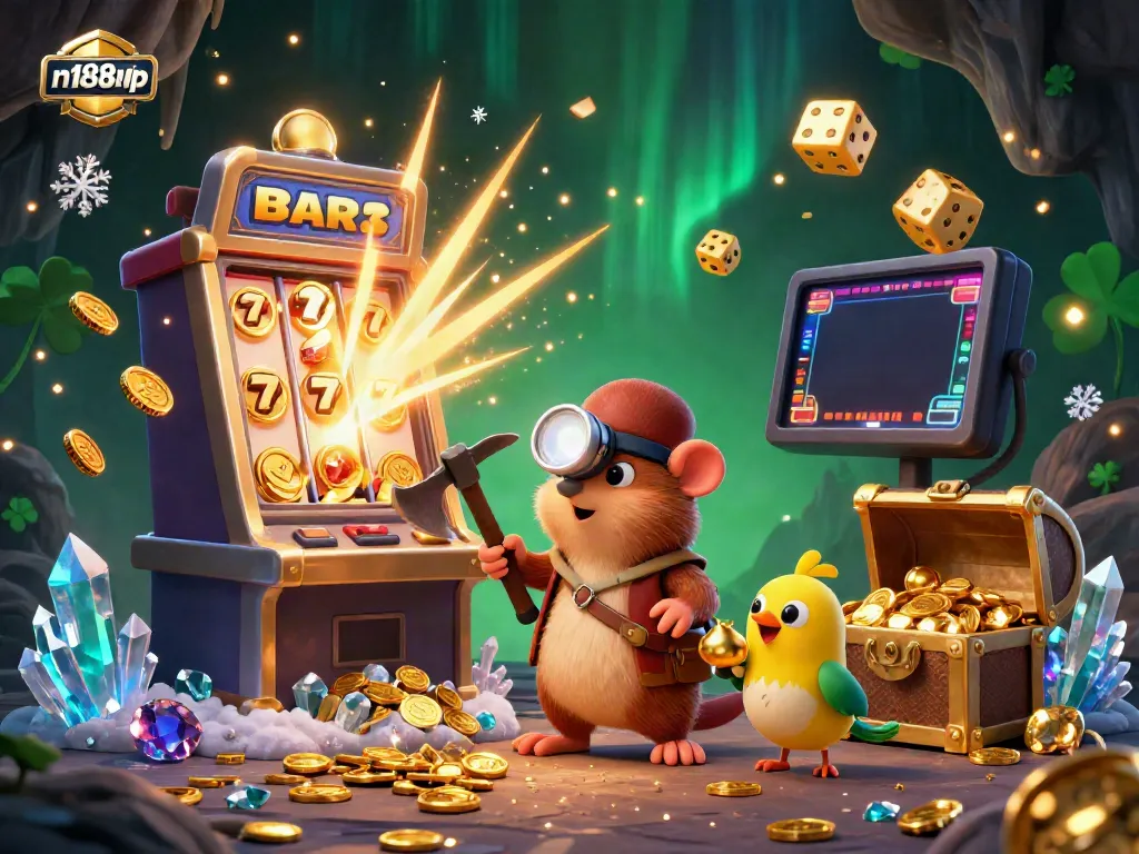 Experience thrilling jackpots at n188vip with a vibrant scene featuring a treasure hunter mole, slot machine, and stunning gems.
