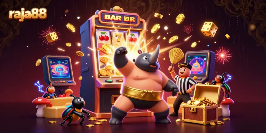 Experience the excitement of raja88 with a vibrant cartoon scene featuring a sumo beetle champion.