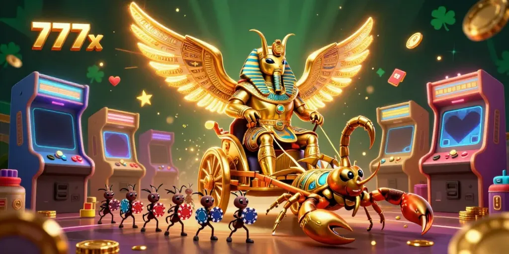 Experience thrilling action with the 777x casino-themed scene featuring a golden scarab and poker chips.