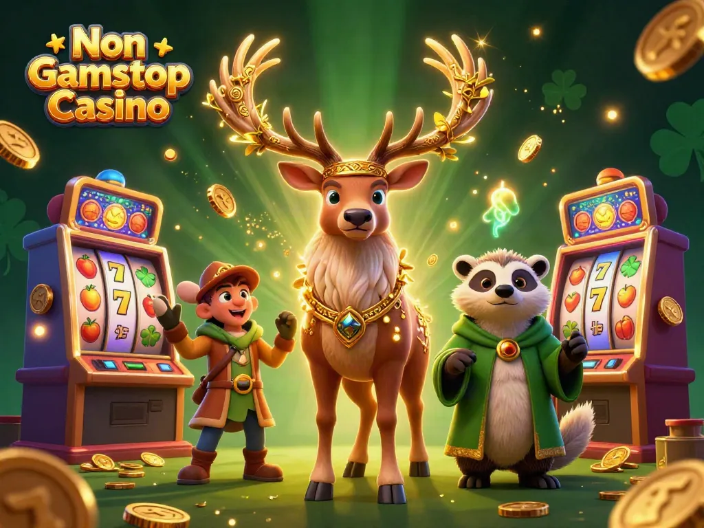 Engaging scene of Non Gamstop Casino with a druid stag, badger, and vibrant slots.