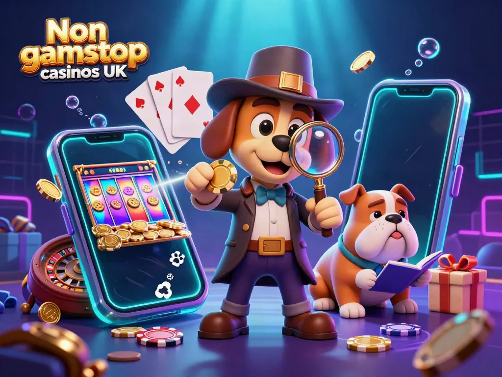 Investigate the vibrant Non gamstop casinos UK scene with a cartoon detective and bulldog, exploring gaming treasures.