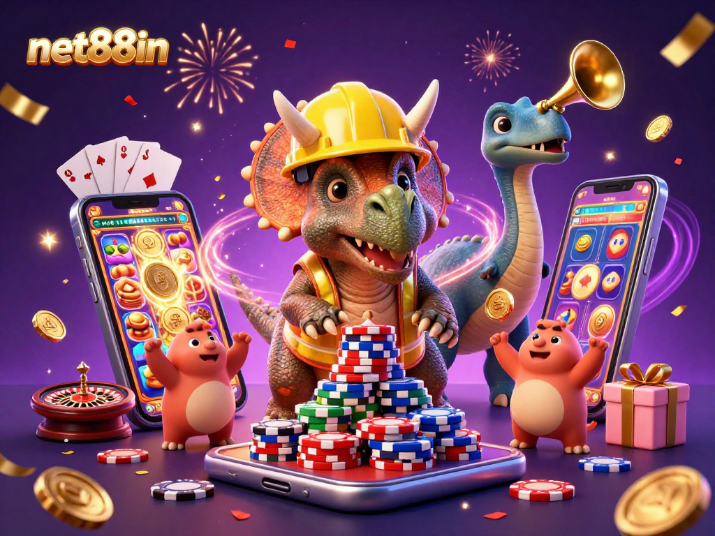 Build your luck with net88in as triceratops constructs poker chip pyramid amid gaming excitement.