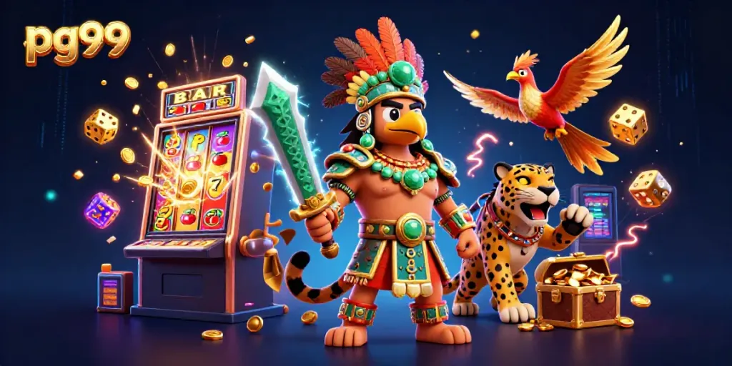 Sparkling pg99 slot machine jackpot scene with Aztec warriors and vibrant casino elements.