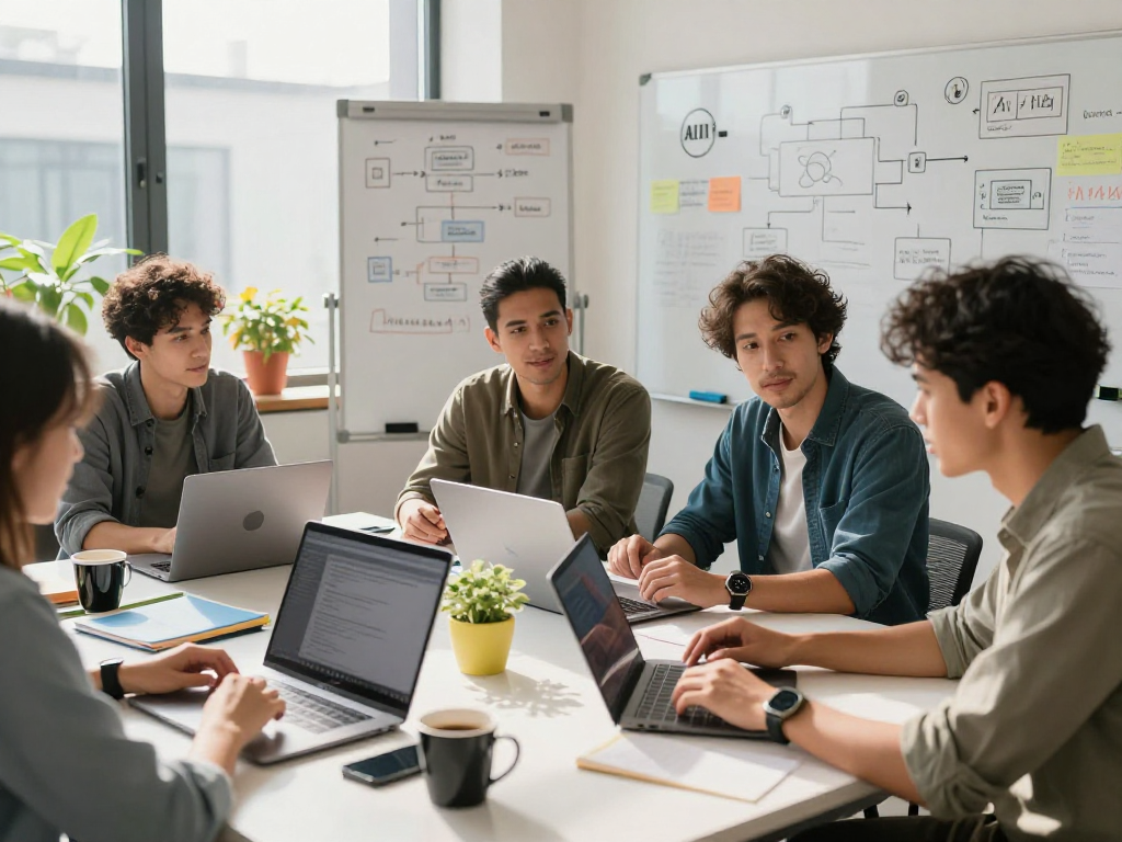 Innovative workspace with professionals discussing 18+ ai applications, showcasing collaborative energy and modern technology.