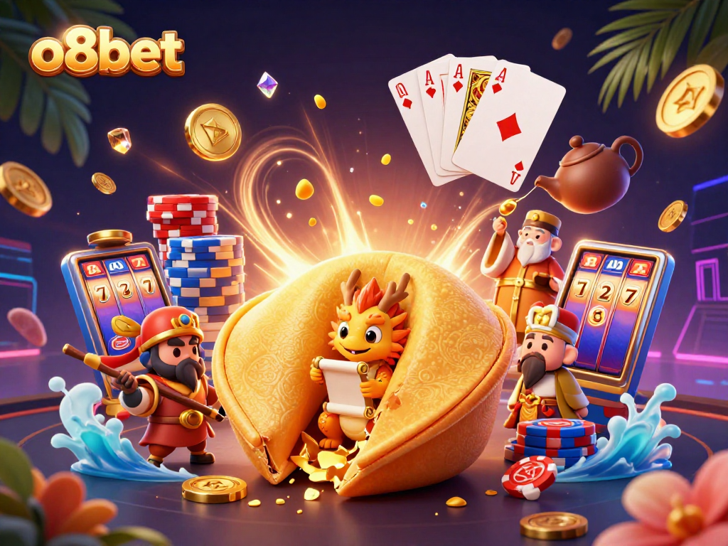 o8bet showcases a vibrant 3D illustration featuring a golden fortune cookie, coins, and poker chips.