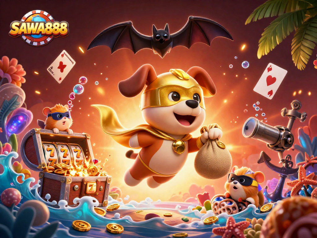 SAWA888 showcases a superhero dog and hamster in a vibrant 3D casino scene with dynamic gambling elements.