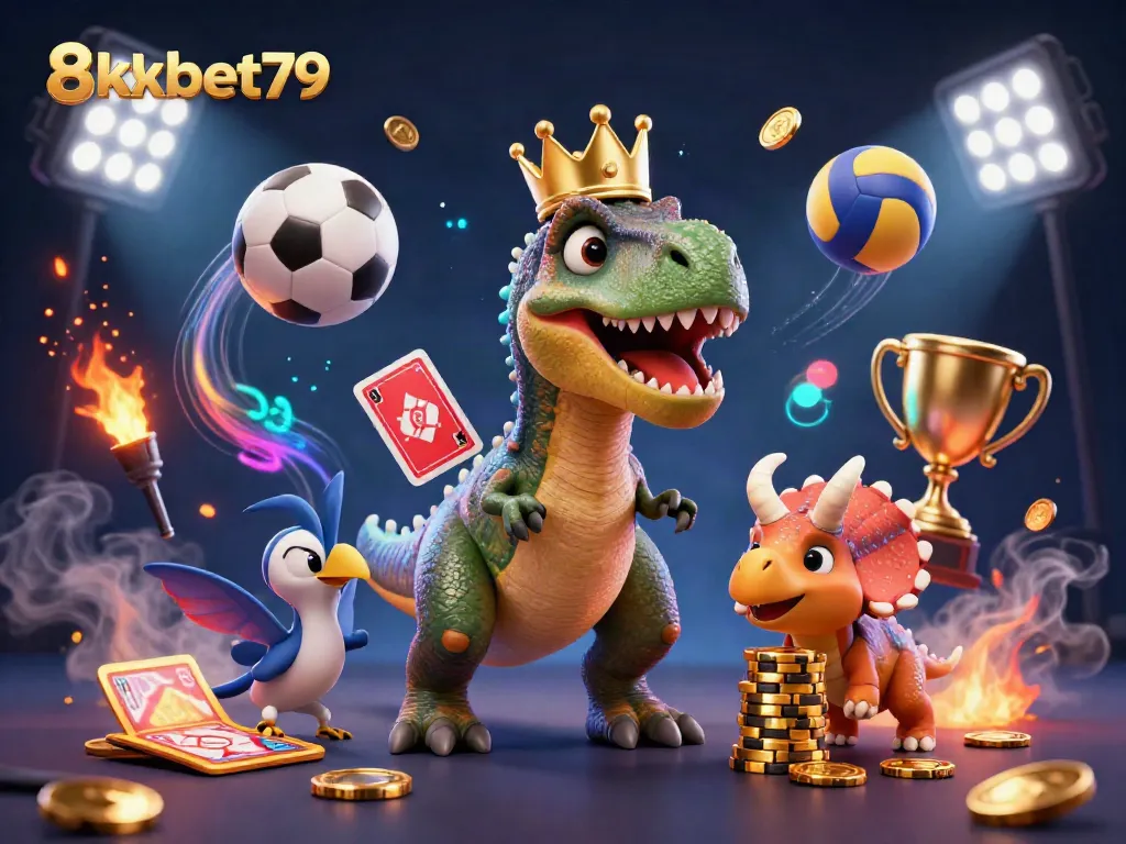 Engaging scene of playful 8xbet79 characters in a casino setting amidst dynamic sports elements and coins.