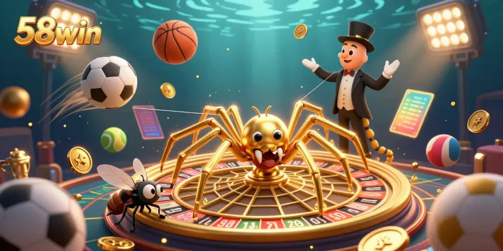 Bet on the golden web of 58win's roulette with a cartoon spider and centipede croupier.