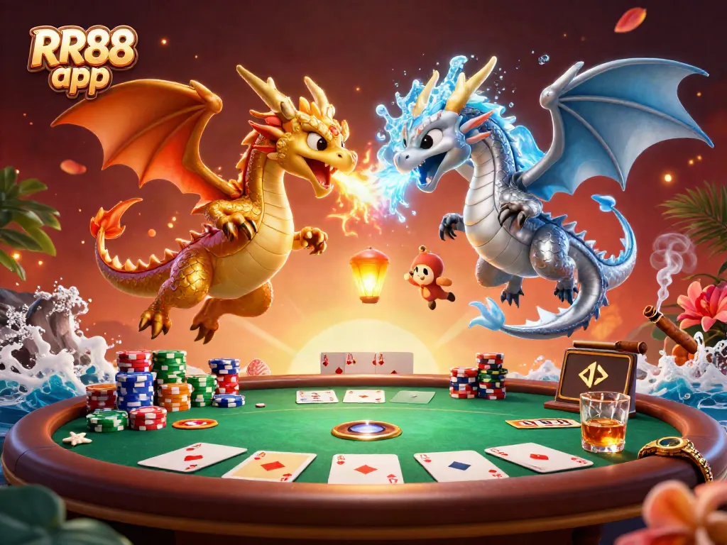 Engage with the RR88 app and experience thrilling online gaming, featuring energetic dragons and vibrant casino elements.