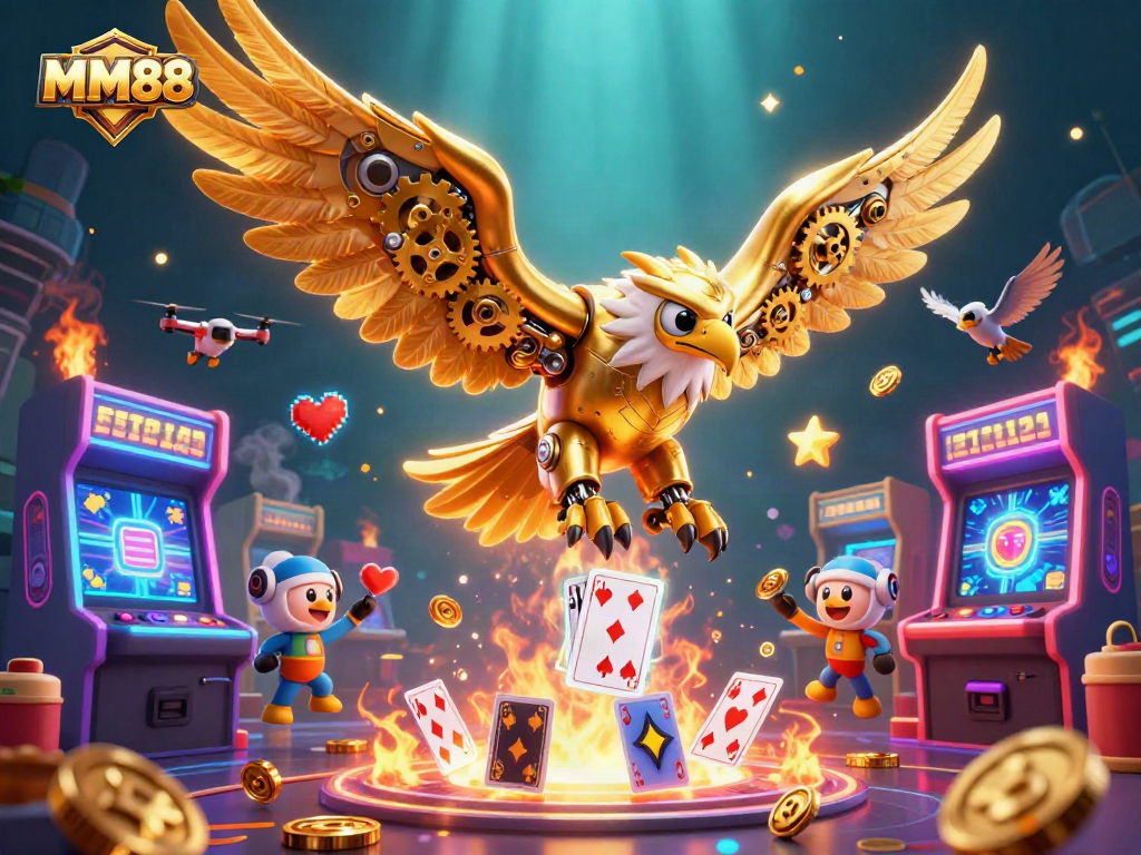 Experience the thrill of MM88 with a dynamic scene filled with golden eagles and arcade games.