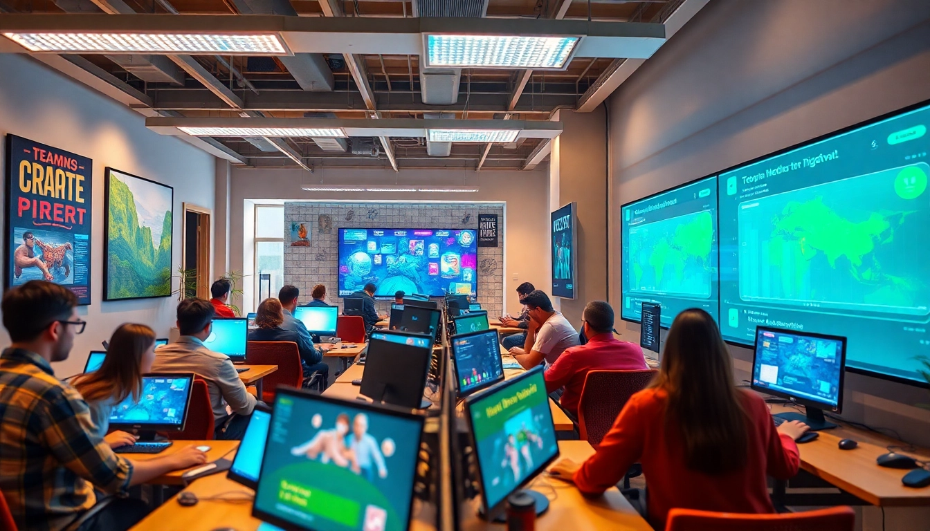 Show employees from gamification companies collaborating in a vibrant virtual office