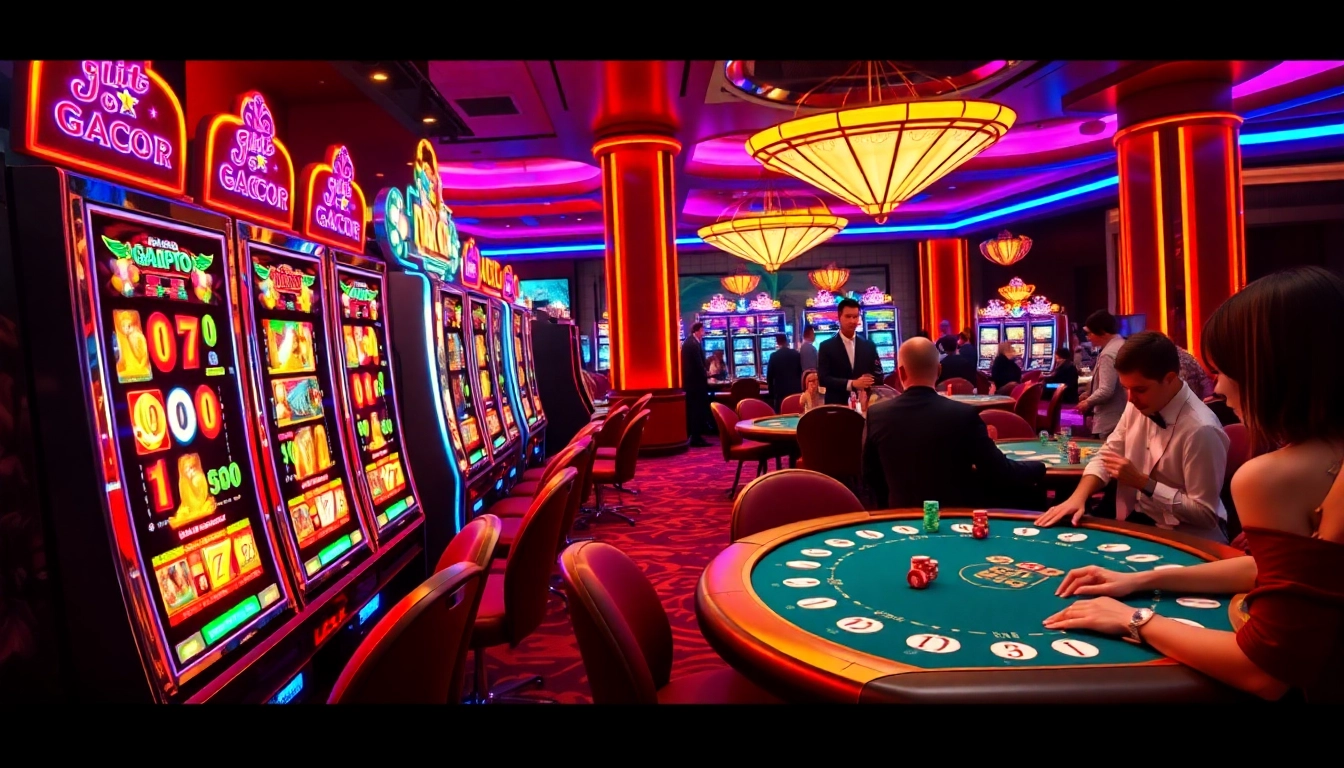 Slot Gacor machines lighting up the casino with vibrant colors, showcasing exciting gameplay and luxury.