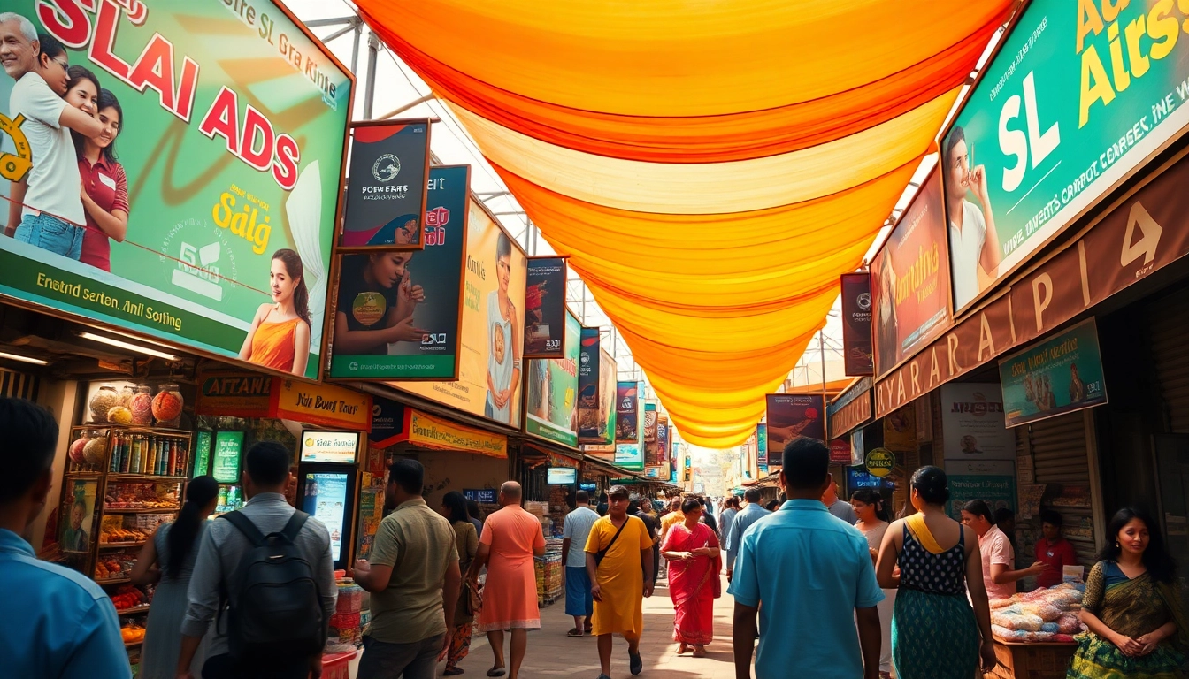 Engaging marketplace scene showcasing SL Ads in Sri Lanka with vibrant banners and lively interactions.