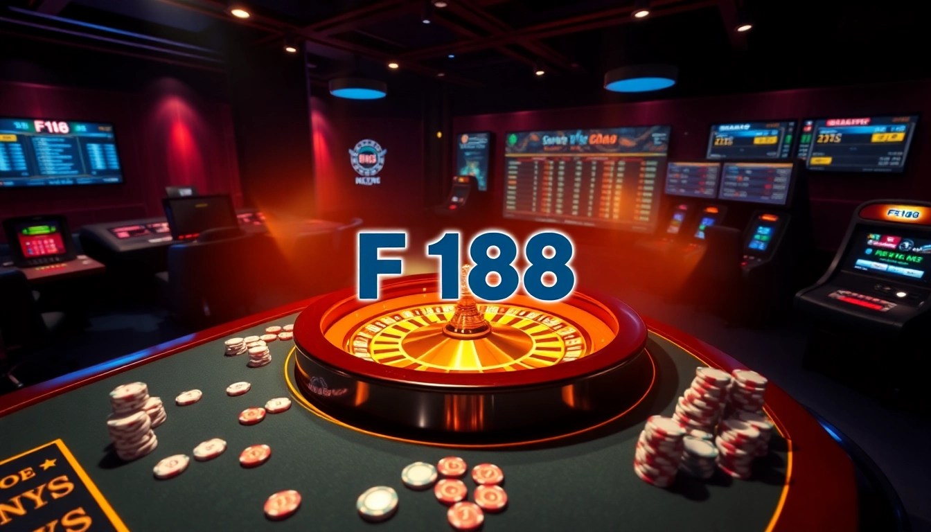 Exciting gambling scene at nhà cái F168 with roulette, cards, and vibrant betting interface.
