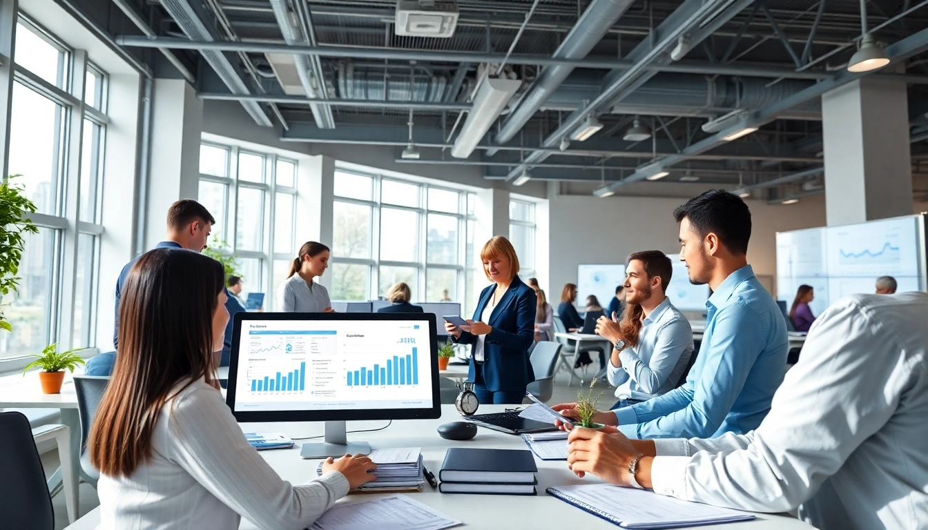 Logo e-arşiv software in a modern office with professionals collaborating on digital documents.