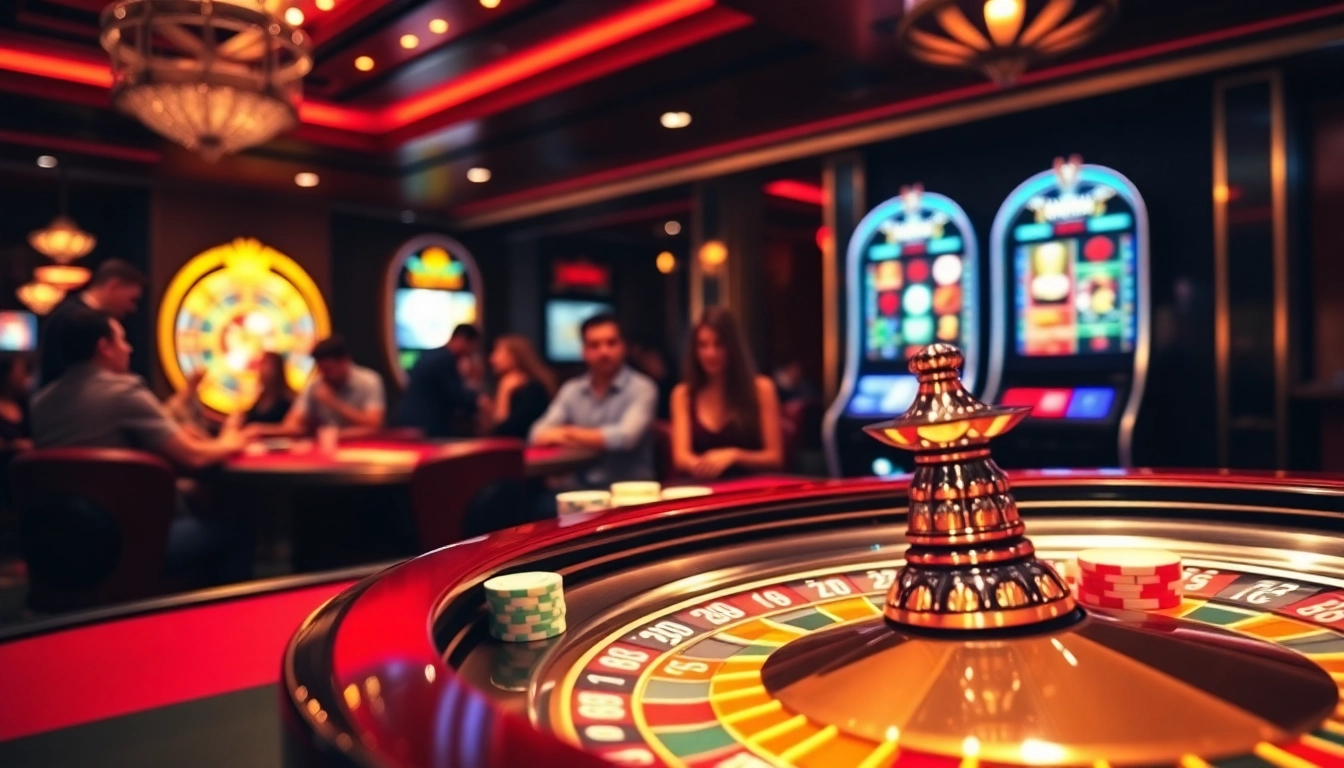 An exciting casino scene at https://f168.us/ with players engaging at roulette and poker tables, showcasing vibrant gaming action.