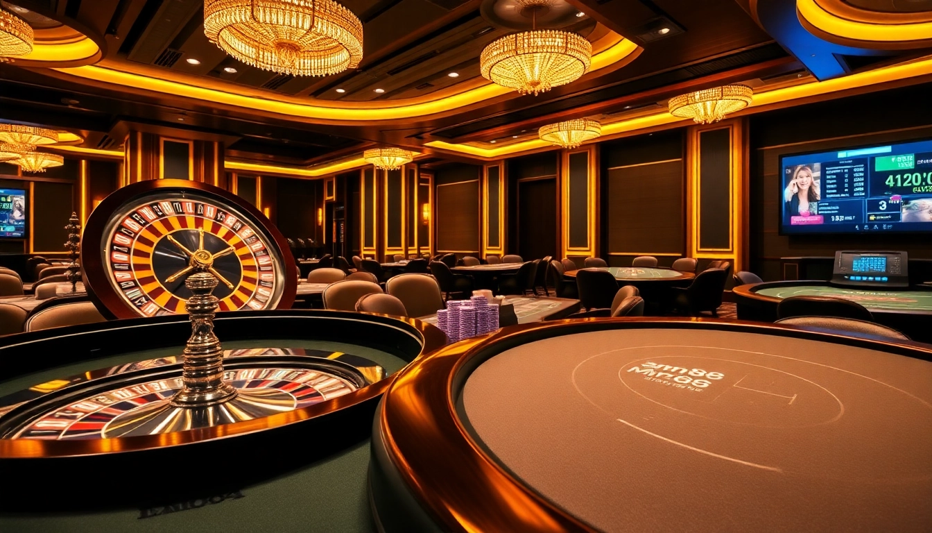 Experience excitement at https://mm88.in.net/ with a vibrant casino scene featuring a roulette wheel and poker chips.