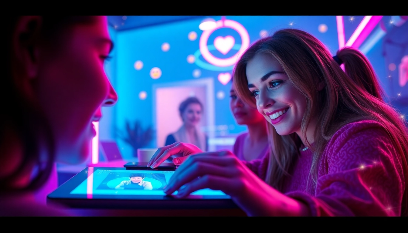 Engaging user interaction in ai sexchat with a digital AI character on a vibrant tablet interface.