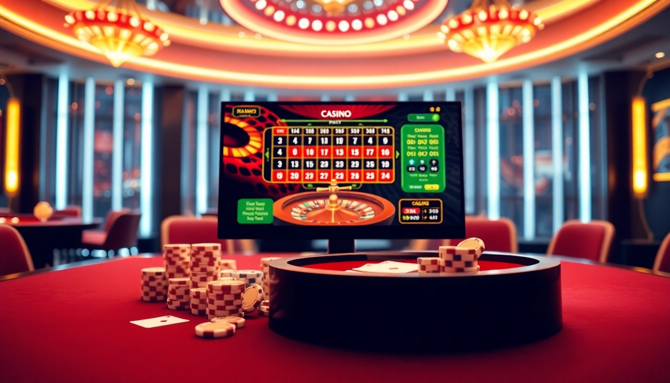 Engaging online gambling scene showcasing dynamic elements from https://vnew88.vip/ with poker chips and a roulette wheel.