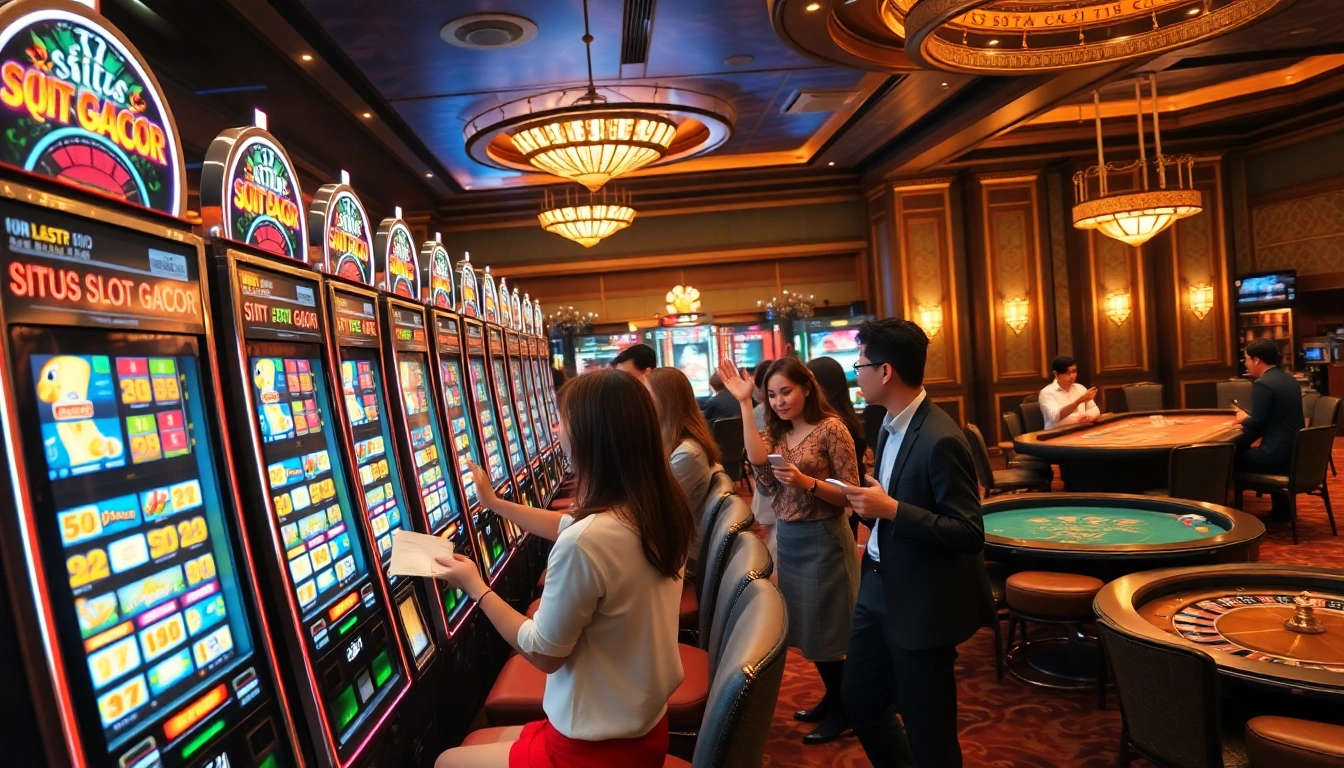 Situs Slot Gacor showcasing vibrant slot machines and excited players betting.