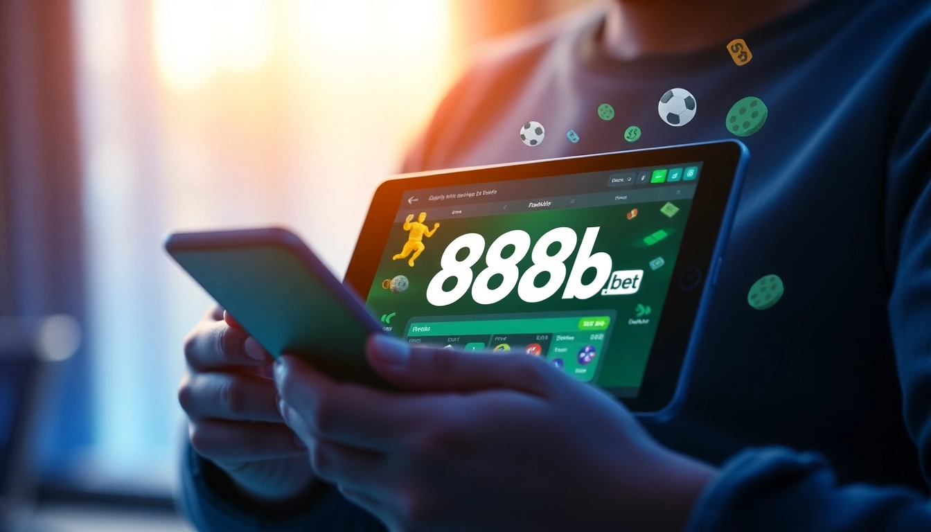 Engaged user exploring the betting interface of 888b.bet on a mobile device, illustrating online gambling excitement.