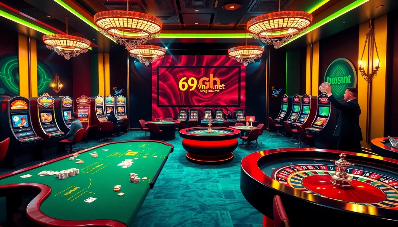 A gambler winning big at 69vn.gb.net, with vibrant casino elements like cards and chips enhancing the excitement.