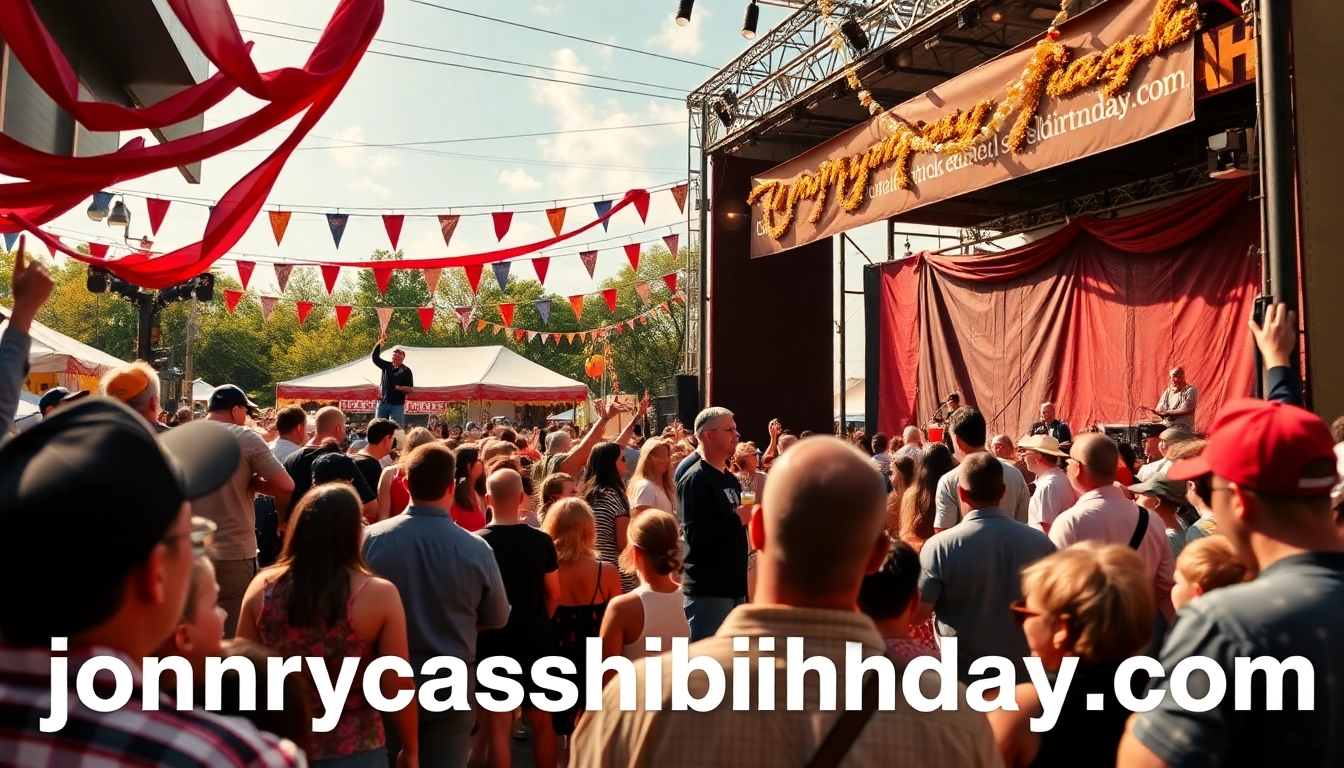 Fans celebrating at the joyful Johnny Cash birthday event, showcasing the vibrant atmosphere of johnnycashbirthday.com.