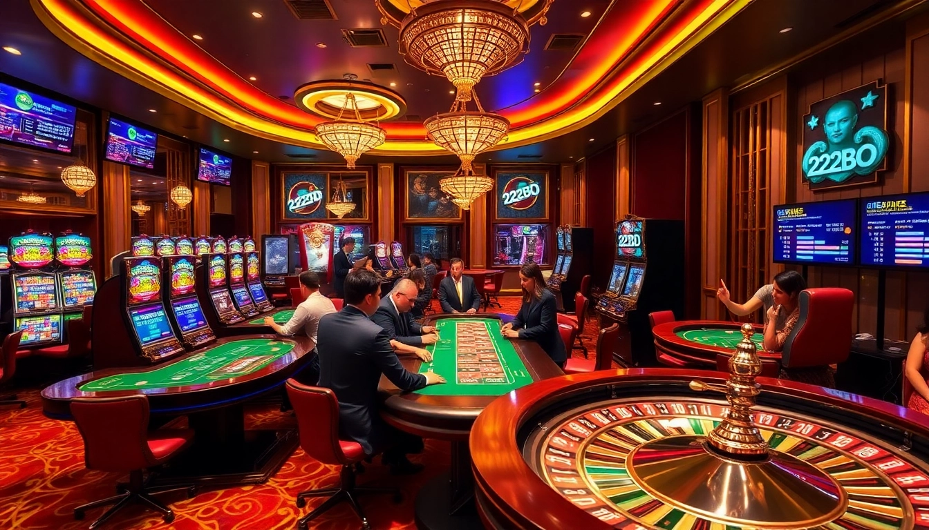 Experience the excitement of gambling at 222BD Casino with vibrant tables and slot machines.
