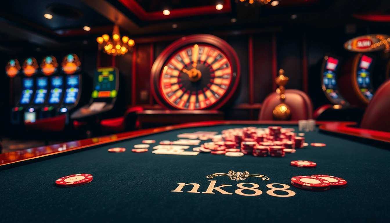 Engaging casino atmosphere with nk88-themed poker table and roulette wheel.
